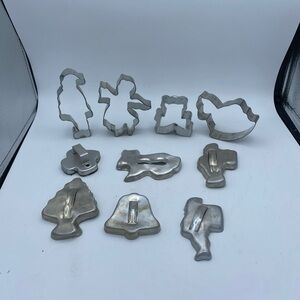 VTG Lot Of 10 Aluminum Metal Cookie Biscuit Cutters Santa Tree Angel Rabbit Bell